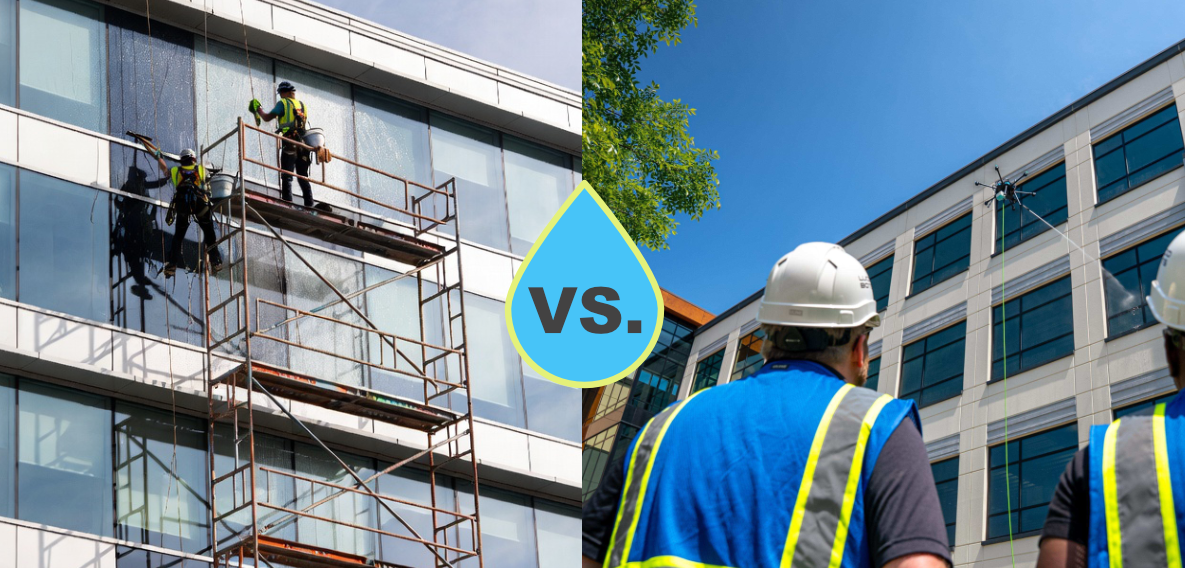 Drone cleaning a commercial building exterior